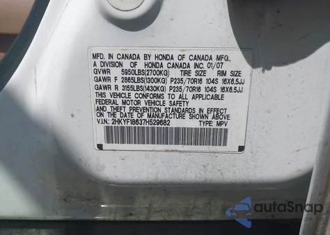 2007 Honda Pilot Ex-L from USA, damaged, VIN 2HKYF18637H529682
